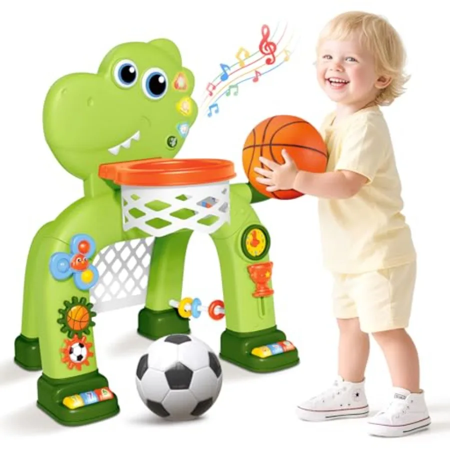 

Toddler Basketball Hoop and Soccer Goal Toy, Dinosaur Toys with Light and Music, Musical Toys for 1 Year Old Boy Girl Learning