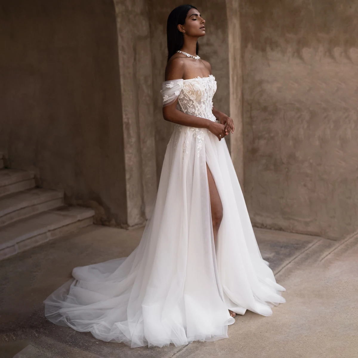 

Elegant Tulle Appliques Lace Wedding Dresses For Women Long Puffy Ball Gown Off Shoulder Bridal Gown For Bride Vestidos novia