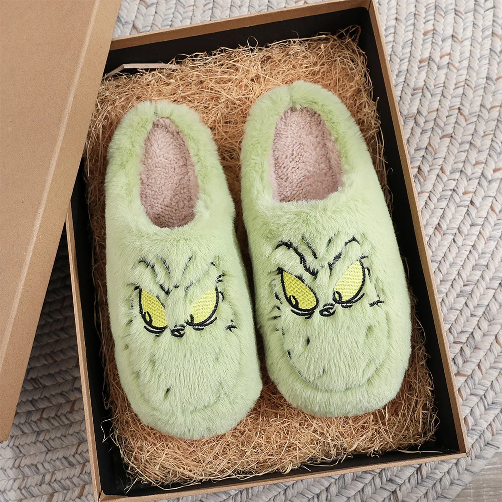 For Grinch Plush Slippers Warm Slip-on House Shoes Comfortable Soft Couple Slippers Thermal Christmas Slippers Autumn Winter