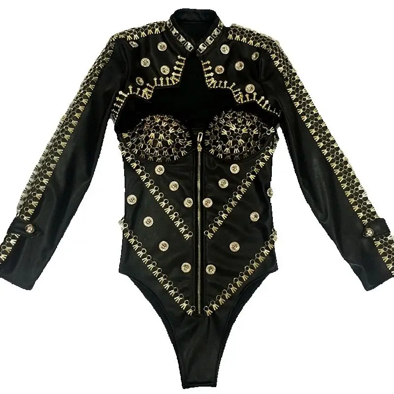 (Bodys + kurtka) Czarny zestaw nitów ze skóry PU Sexy Lady Modern Dance Costume Nightclub Bar DJ Singer Jazz Performance Stage Wears