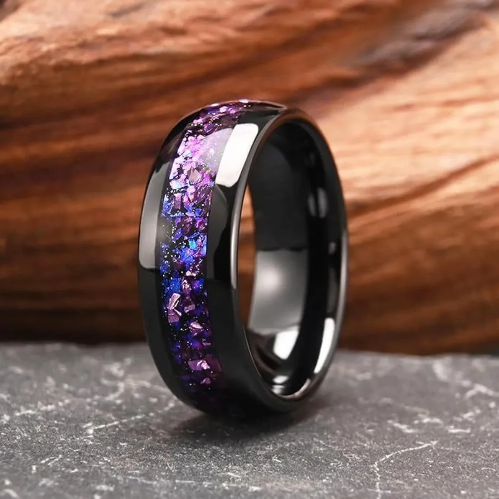 Somen 8mm Black Dome Tungsten Ring For Men Amethyst & Blue Brocade Inlay Wedding Band Engagement Party Jewelry Gift bague homme