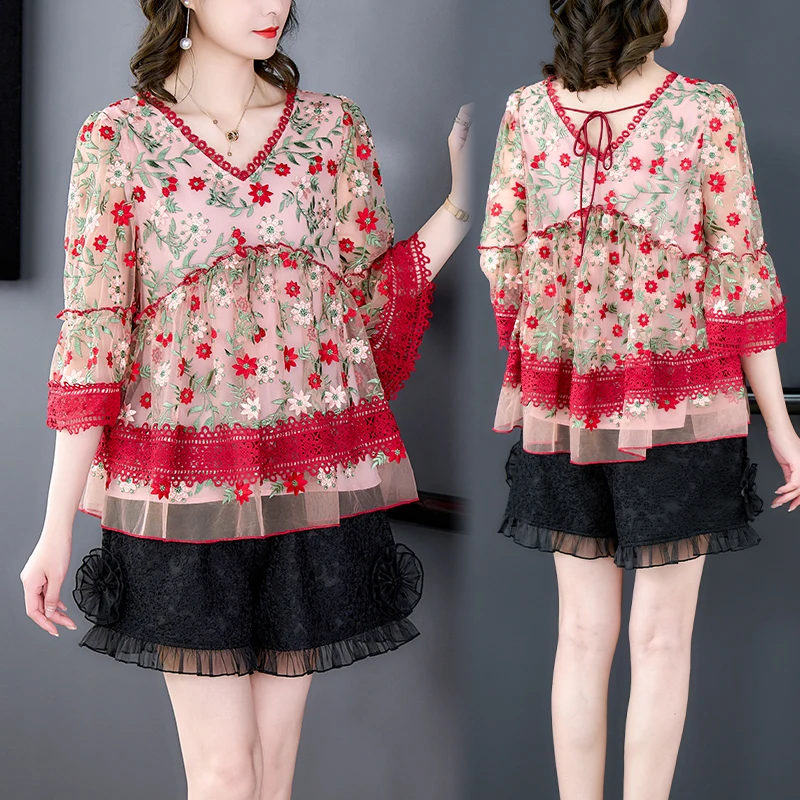 

2024 Spring and Summer New Red Flower Embroidery Mesh Top Women's V-Neck Loose Poached Dress Lace Long Shirt Korean Vestid