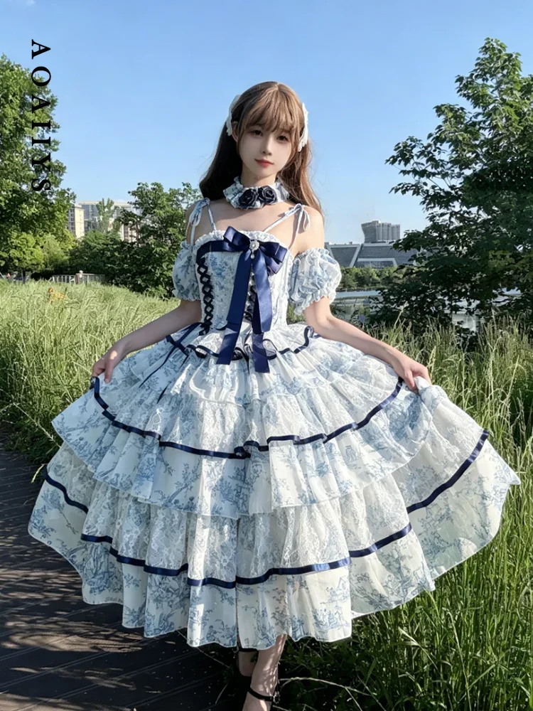 Aoaiiys Lolita Dress Women Puff Sleeve Spaghetti Strap Dresses Cute Ruffled Heart Cosplay Japanese Kawaii Cake Evening Dress