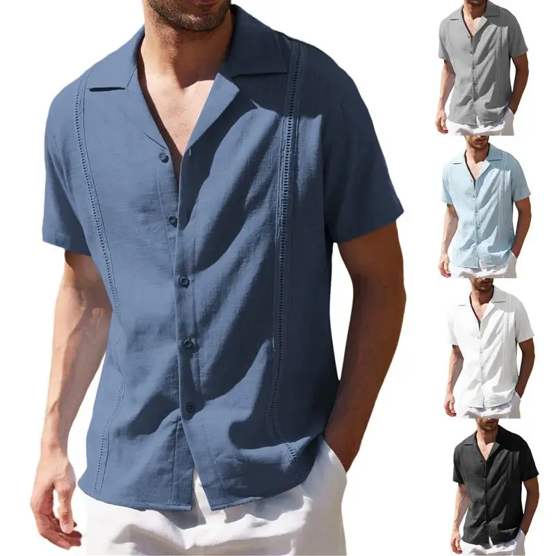 

Summer Men's Loose Casual American Style Shirt Cuban Collar Short Sleeve Beach Shirt Youth Trendy Thin Material Pure Color