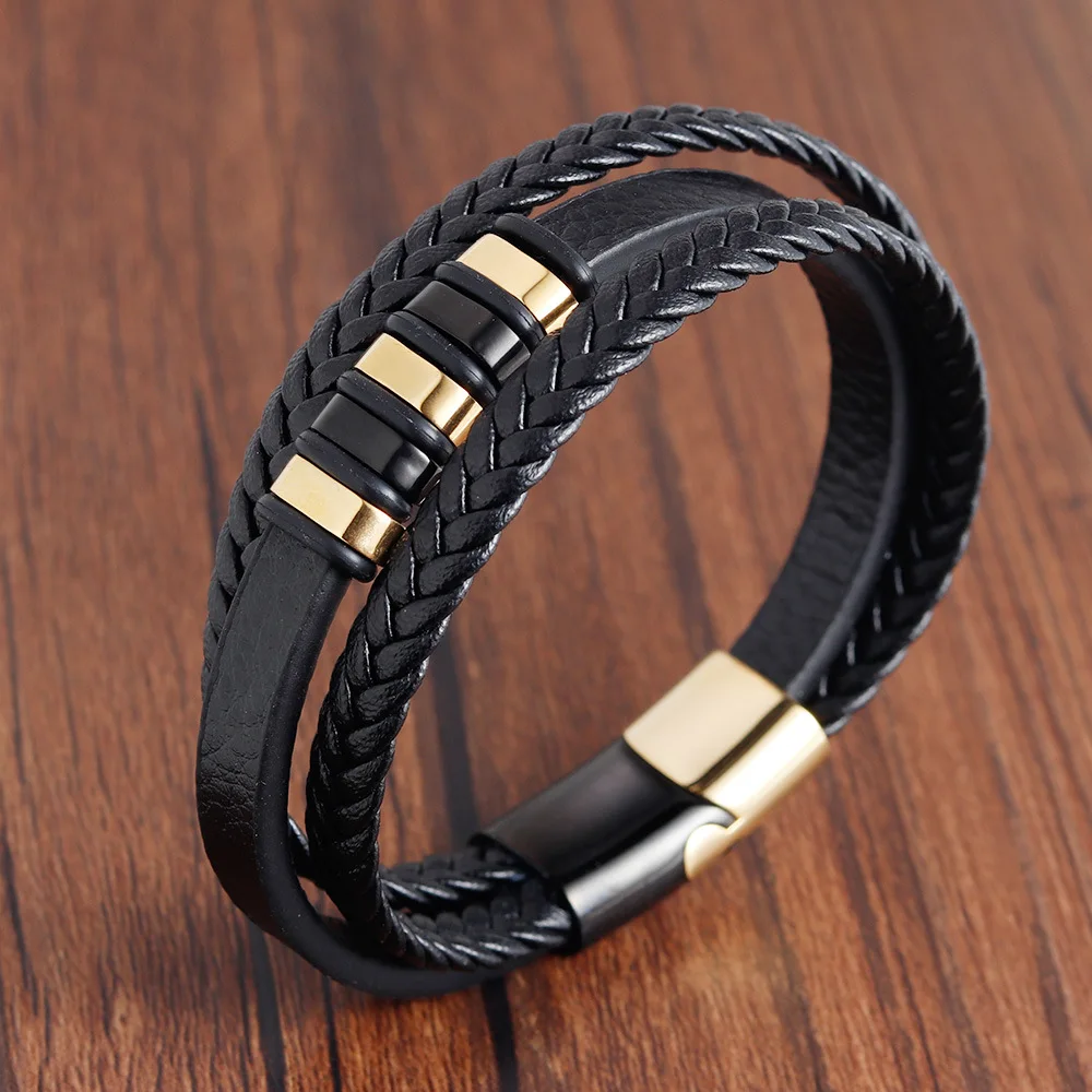 Retro Real Stainless Steel Jewelry 2024 Genuine Leather Bracelets Woven Accessories Wholesale