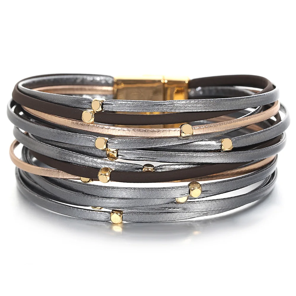ALLYES Vintage Metal Beads Soft Leather Bracelet for Women Charm Slim Strips Bangles & Bracelets Female Party Jewelry