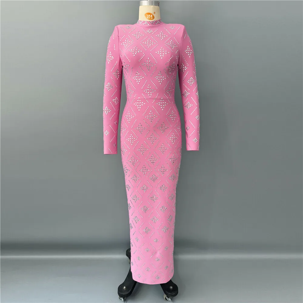 

Женское розовое платье макси с высоким воротником, длинными рукавами, стразами, геометрическим цветочным узором и бандажным эффектом, роскошное вечернее платье для торжественных мероприятий.