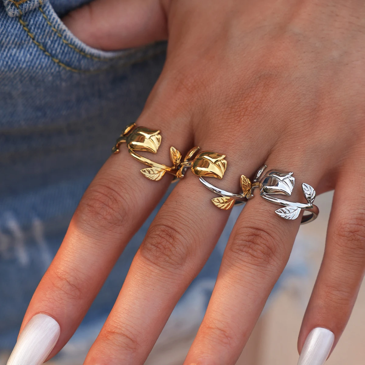 316L الفولاذ المقاوم للصدأ زهرة قابل للتعديل افتتاح خواتم الموضة مقاوم للماء المعادن تشويه مقاومة مجوهرات للنساء بيجو #4