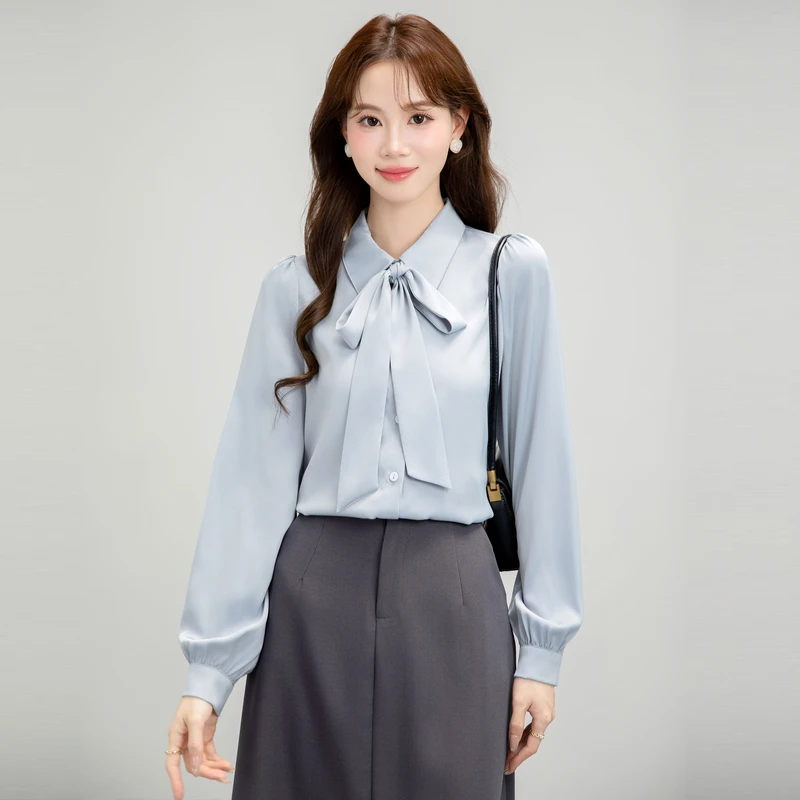 

Casual Women's Blouses Solid Office Lady Shirts Fashion Loose Summer Korean Version Clothing Long Sleeved Chiffon Bow Women Top