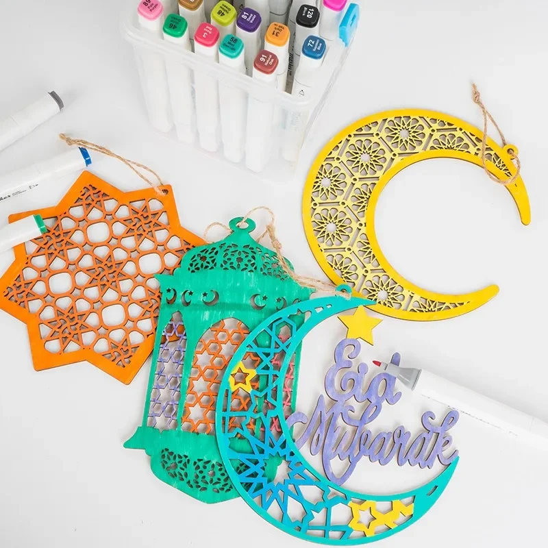 2025 Eid Mubarak Wooden Pendants Kids DIY Eid Hanging Ornaments Middle East Star Moon Graffiti Paintings Happy Eid Party Decors