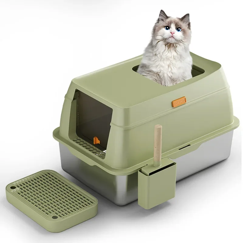 Large Cat Litter Box Fully Enclosed Deodorized Cats Toilet Tray Splash Proof Sandbox Stainless Steel Bedpans Pet Accessories