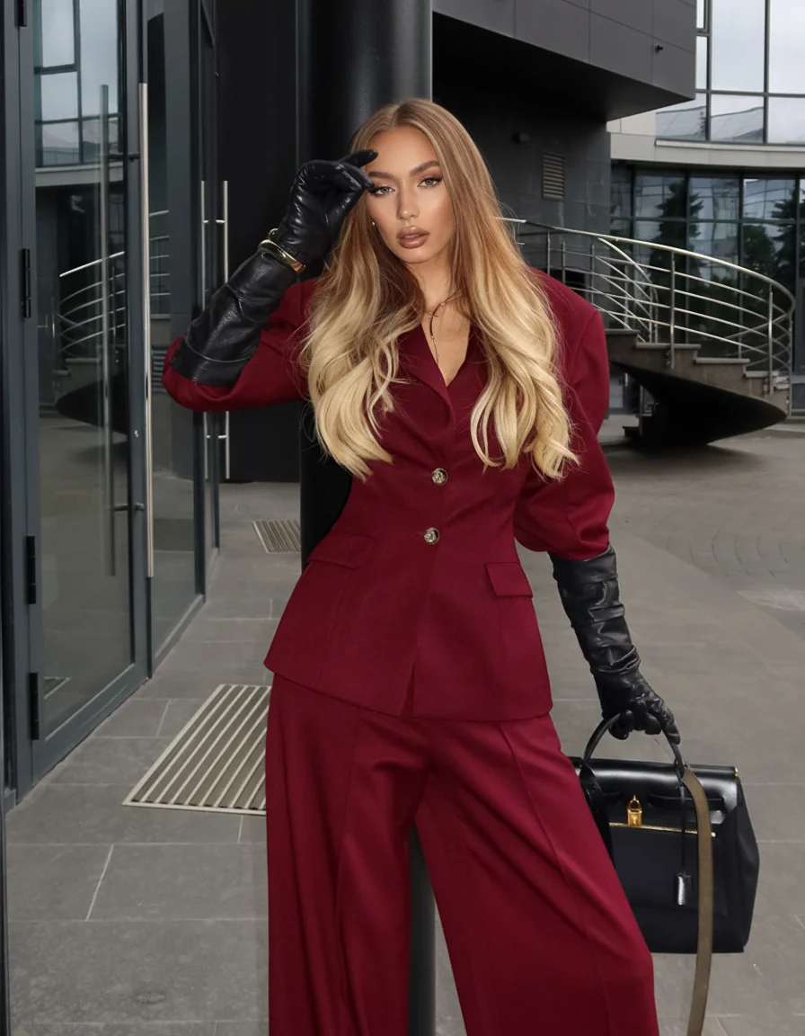 Burgunderroter 2-teiliger Anzug für Damen, Puffärmel, einreihiger Blazer + Hose mit weitem Bein, eleganter formeller/Büro-Damenanzug 2026 Frühling