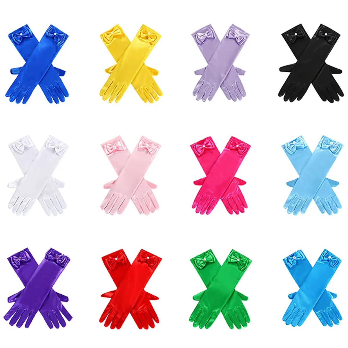 

Long Satin Gloves for Kids with Bow Gloves for Girls Princess Dress Up Halloween Party Pageant Costume Accessories 12 Colors