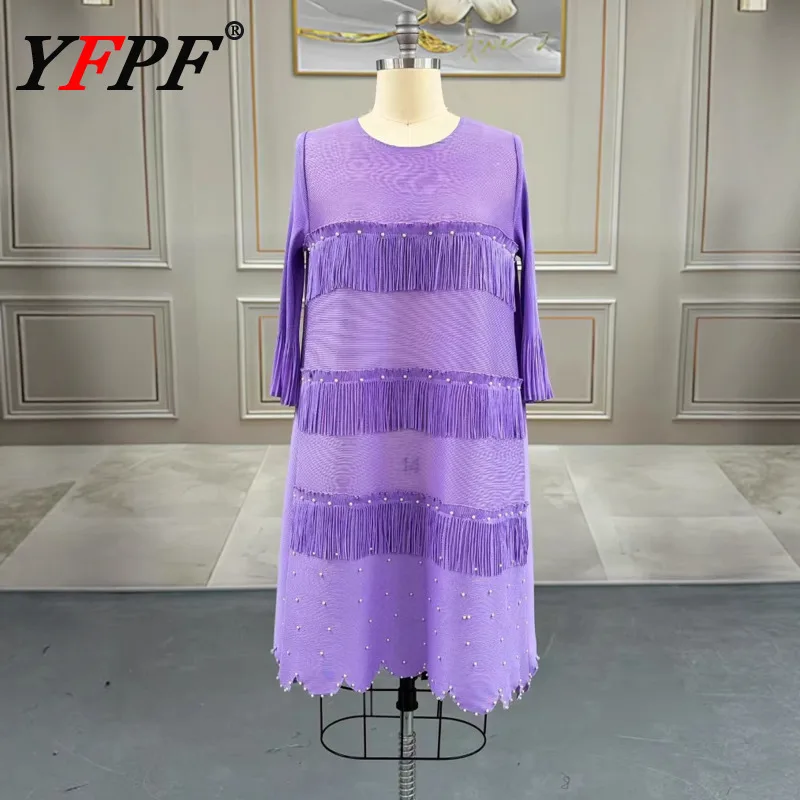 

YFPF Miyake Pleated Dress Women Fashion Pearls Beading Spliced Tassel Design A Line Long Dresses Elegant 2025 New Clothing