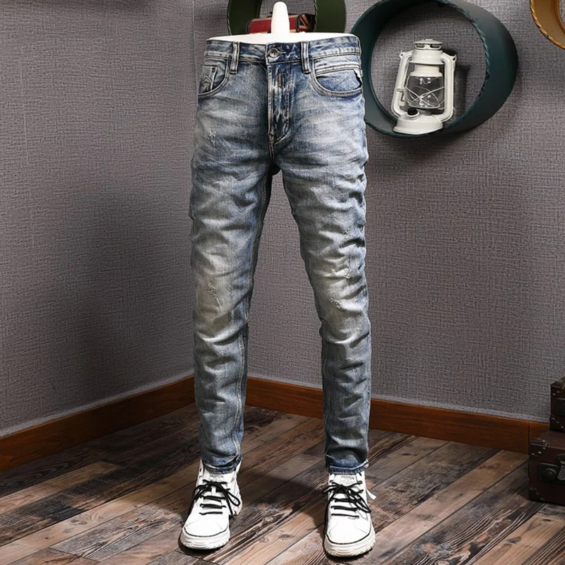 Fashion Designer Men Jeans High Quality Retro Blue Stretch Elastic Slim Fit Ripped Jeans Men Trousers Vintage Denim Pants Hombre