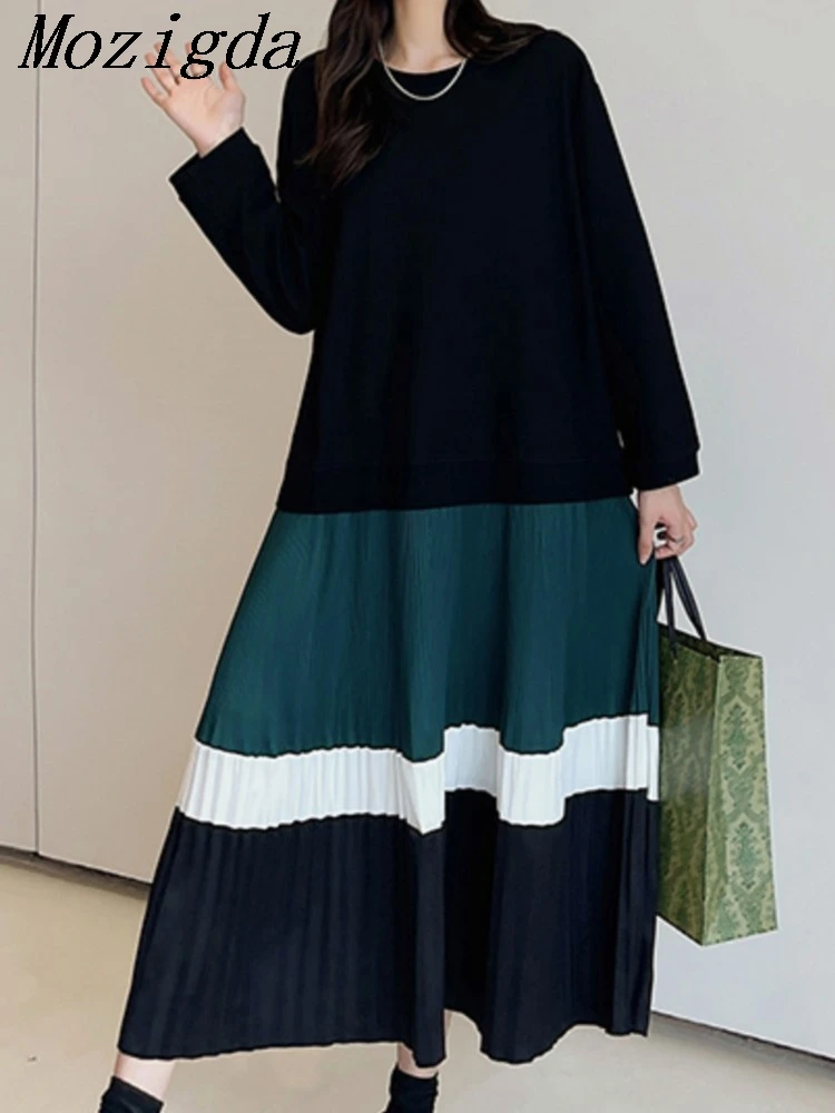 

Spring Autumn Patchwork Pleated Dress Woman Robe Femme Elbise Cotton Loose Plus Size Long Sleeve Ladies Dresses Vestidos