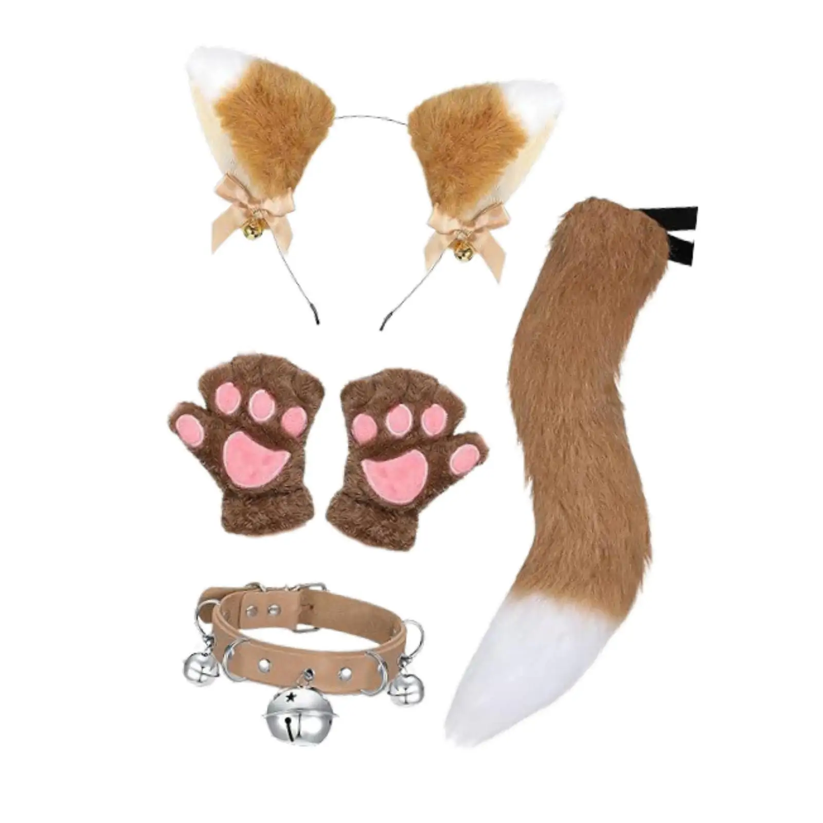 

Fox Ears Tail Gloves Collar Set Dress up for Role Play Birthday Party Favors Brown