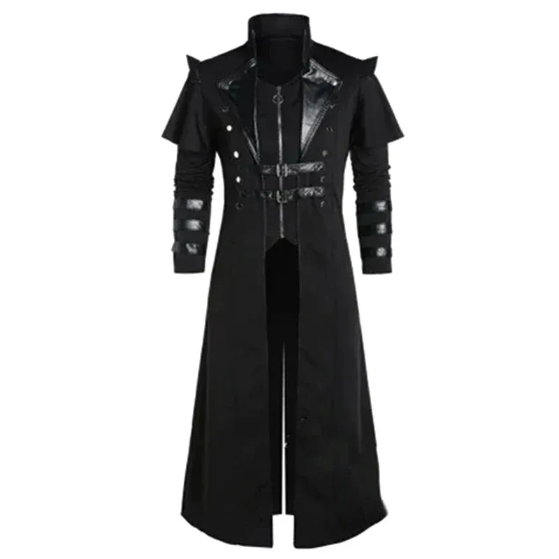 

Sky06 Vintage Halloween medieval steampunk assassin elves pirate costume adult men black long split jacket Gothic armor le66liU&