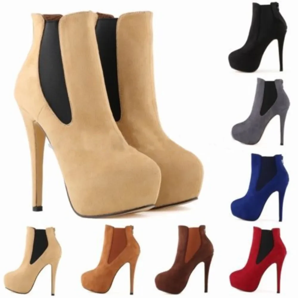 Women Short Boots Sexy 14cm Round Toes High Heels Winter Autumn Ankle Boot Sexy Platform Casual Black Party Shoes Large Size 43