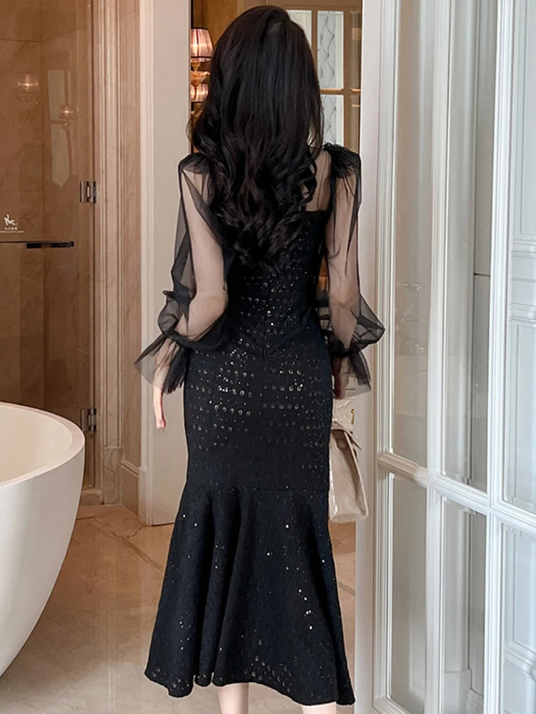 Elegant Exquisite Party Dresses Women's French Sheer See Through Mesh Bright Shiny Sequins Fishtail Robe Prom Banquet Vestidos