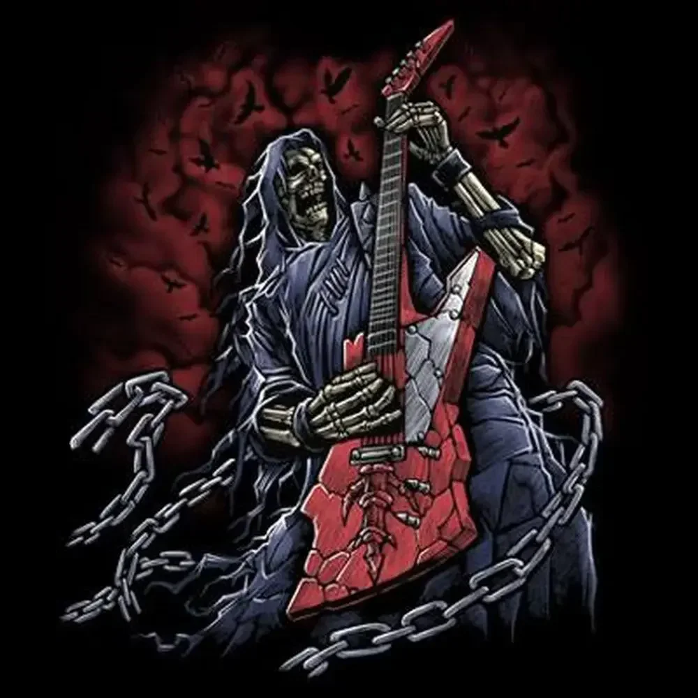 Hot Sale Summer  Mens Grim Reaper Guitarist T Shirt Guitar Heavy Metal Skeleton A15419 100% Cotton For Man Shirts