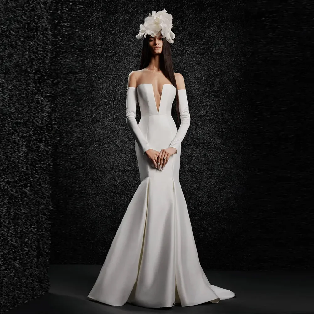 Vestidos de novia largos y profundos personalizados con cuello en V, Vestido de novia de crepé de sirena con cremallera plisada en la espalda, vestidos de novia con tren de barrido para mujer