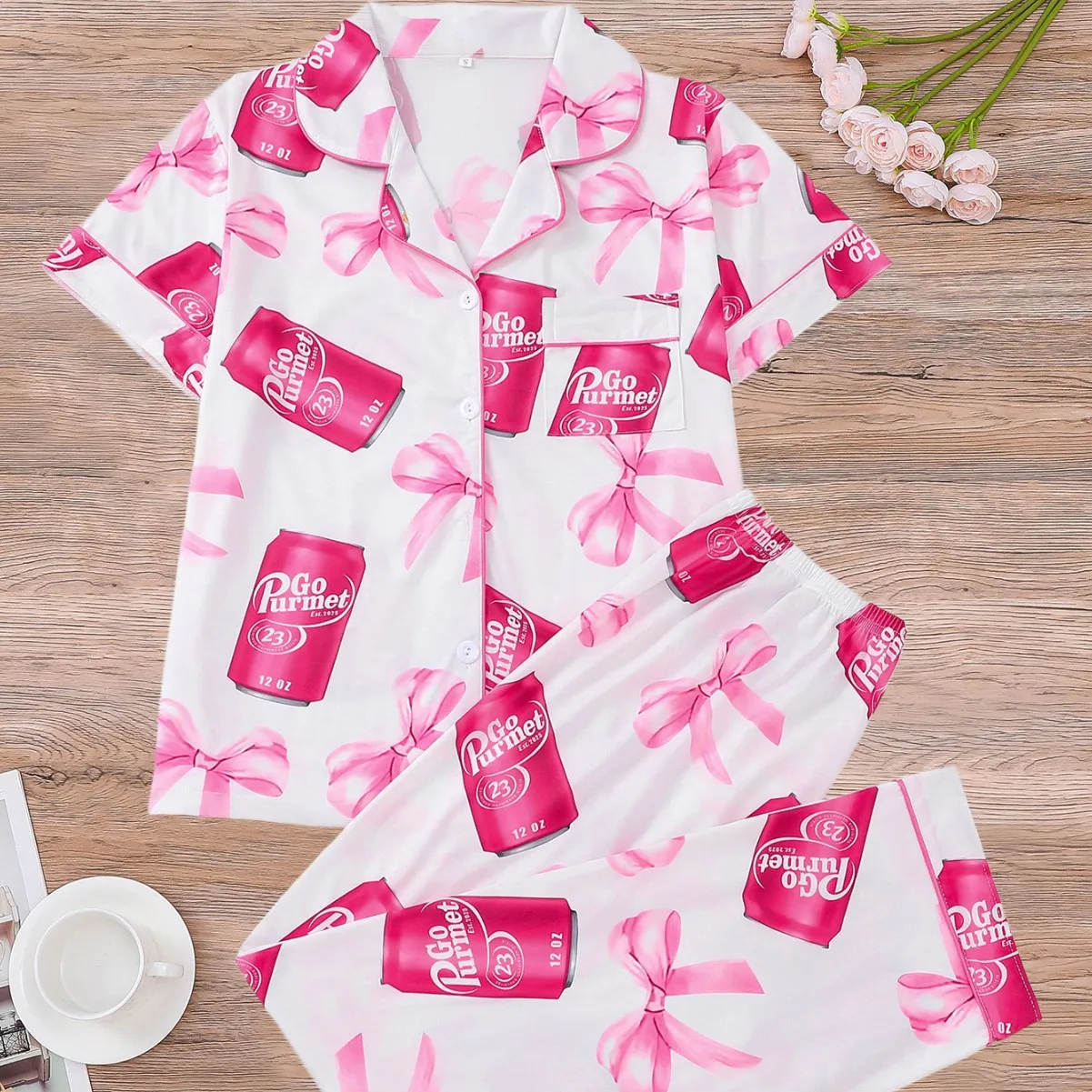 

European American Women's Pajamas Set Printed Pink Bow Comfortable Cardigan Lapel Short-sleeved Trousers Set 2PCS