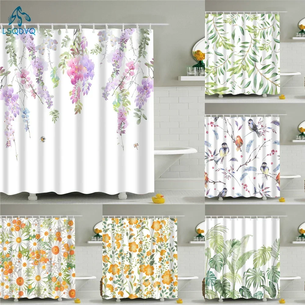 Scenery Tropical Green Plants Leaves Trees Flowers Bathroom Curtains Shower Curtain Waterproof Polyester Frabic with 12 Hooks
