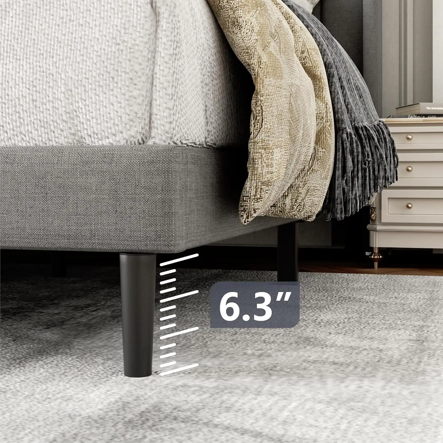 Bed Frame with Upholstered Wingback Headboard, Easy Assemnly Platform Bed, Wooden Slat Support No Box Spring Needed, Light Gray