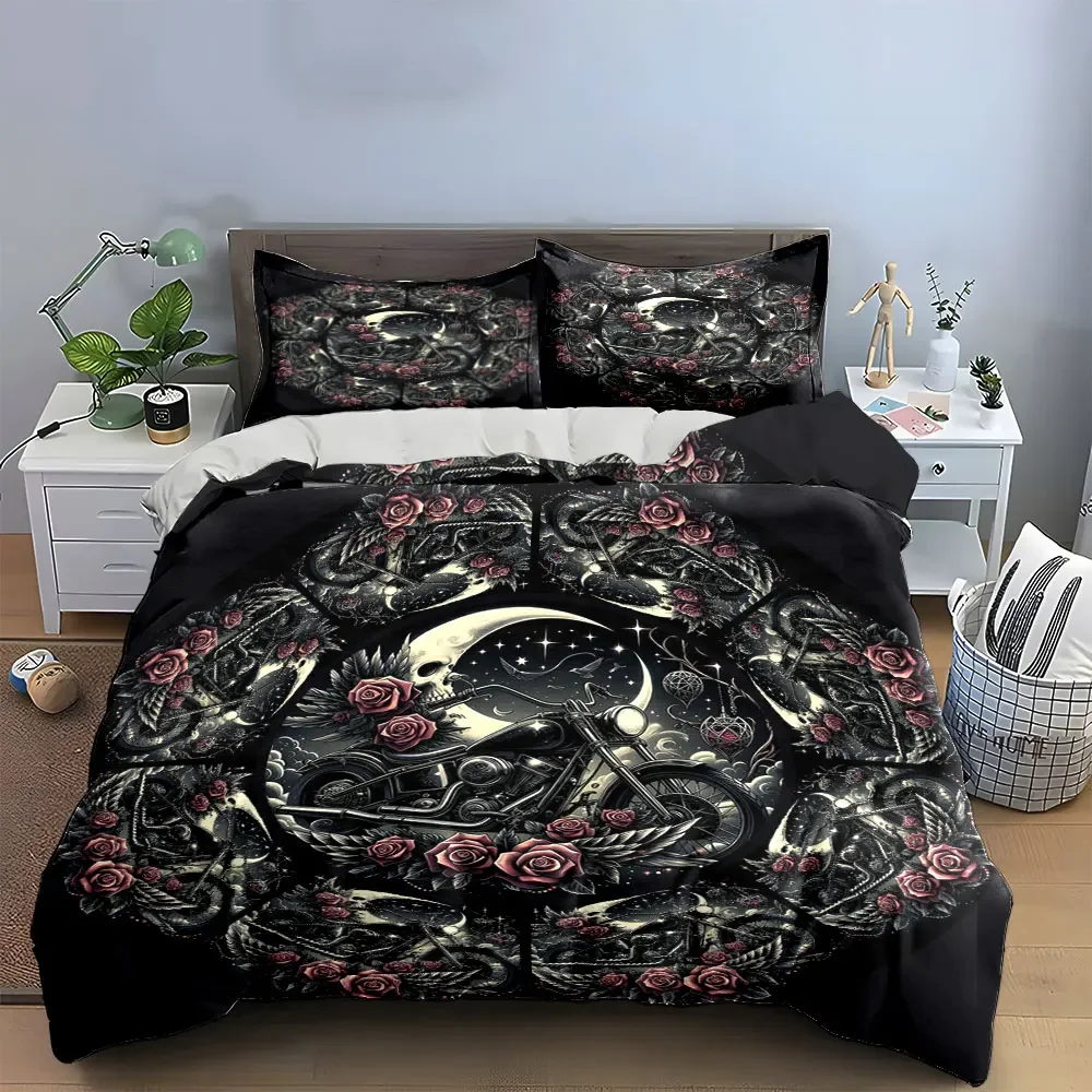 

"Motorcycle Skull Rose Decor Set" Soft Comfortable Duvet Cover Bedding Set Included 1*Duvet Cover & 2*Pillowcases, gift