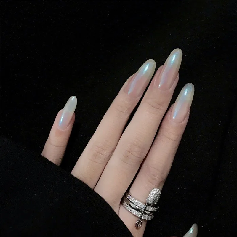 24 Stück/Set Mittellange Mandelförmige Künstliche Fingernägel, Transparente Blaue Perlmuttfarbene Runde Falsche Nägel, Künstliche Acryl-Press-On-Nägel für Nagelkunst