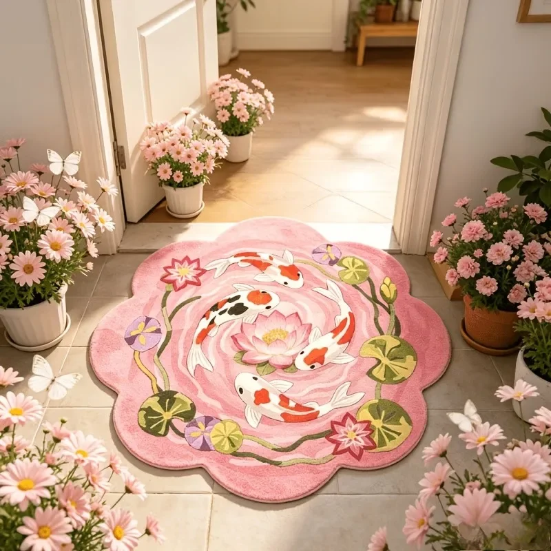 Fashion Fresh Koi Fish Lotus Flower Irregular Rug Cute Pink Decorative Carpet for Bedroom Soft Fluffy Floor Mat for Living Room