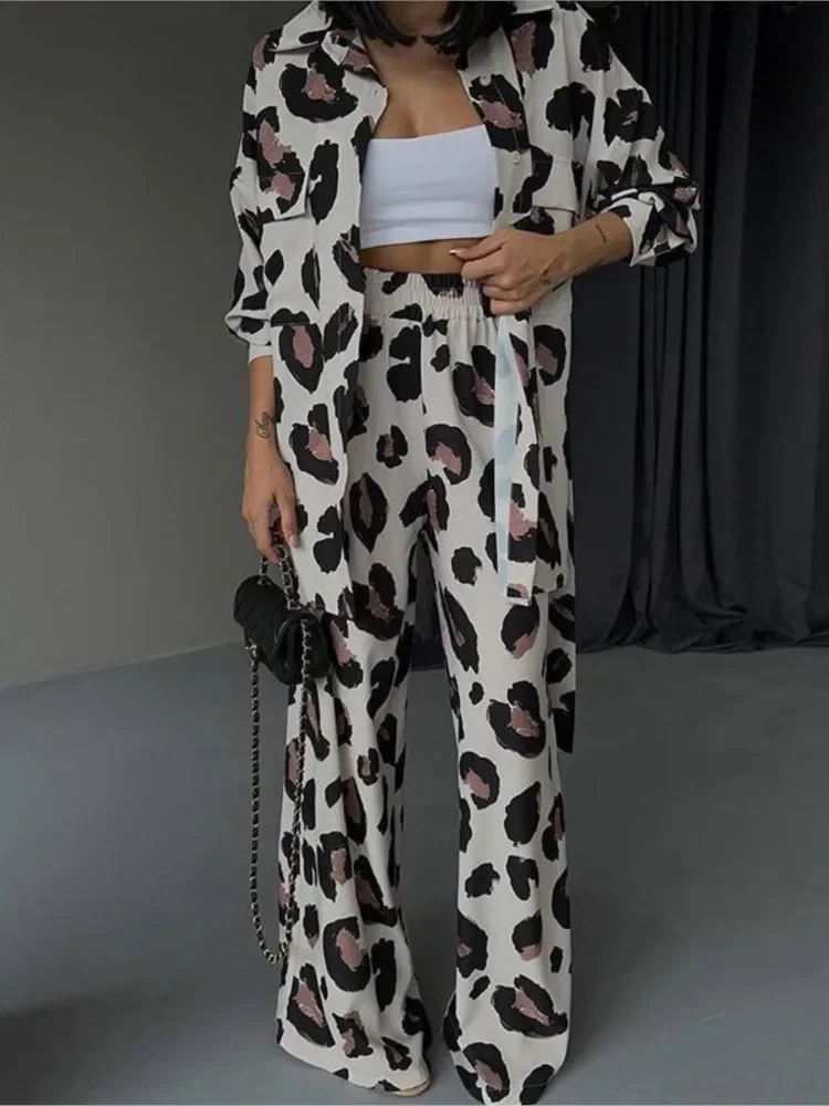 trendy Leopard Printed Women's Sets Elegant Casual Streetwear Long Sleeve shirt Wide Leg Pants Two Piece Sets Women Outifits