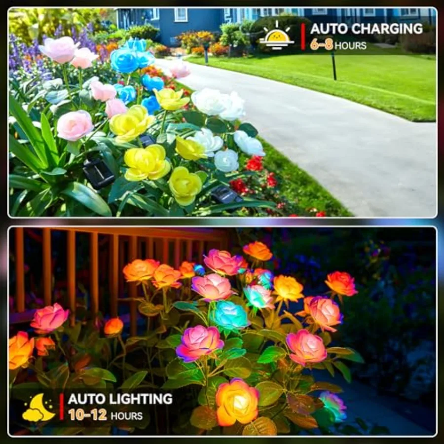 Solar Lights Outdoor, Solar Garden Light with 0 Rose Flowers, 7 Color Changing Solar Powered Flowers Lights Waterproof for Outs
