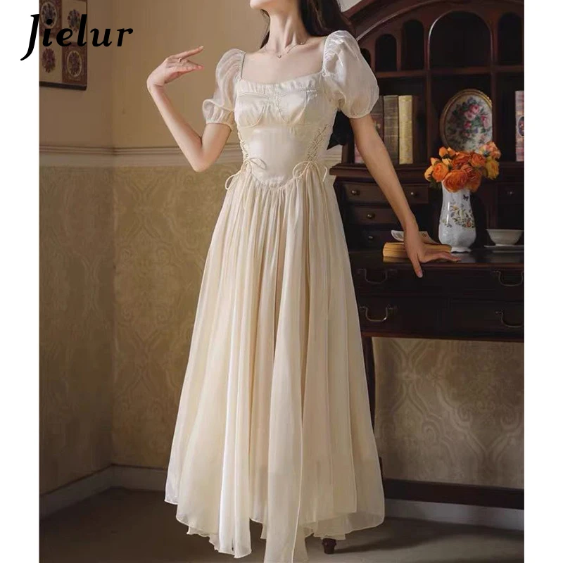 

Jielur French Solid Color Women's Bubble Sleeves Dress Summer New Fashion Exquisite Women Waist Closing Sweet Long Chiffon Dress