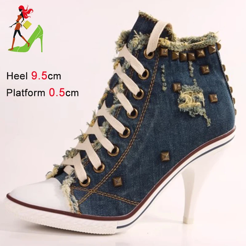 Voesnees Frauen Kurze Stiefel Denim Verzierte Ankle Booties High Heels Pumps Damen Botas Mujer Nieten Dünne High Heels Lace-up Denim schuhe 5
