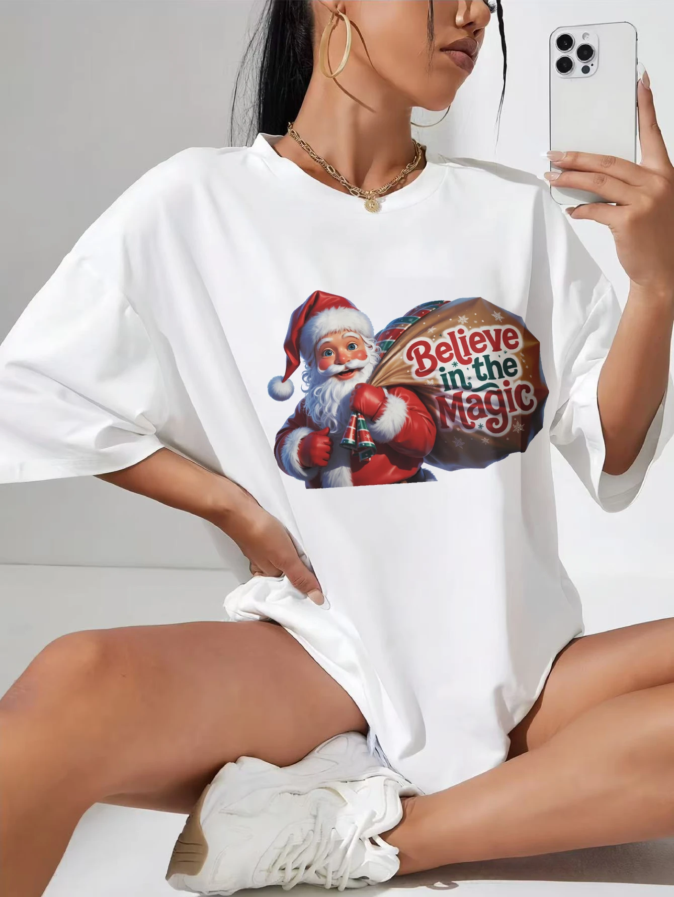 

Believe In The magic Women's White Cotton T-Shirt for Christmas Comfortable Casual Wear for Winter Plus Size Maternity Friendly