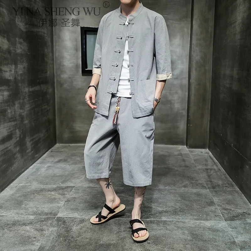 Japanese Clothing Traditional Kimono Yukata Summer Pants Two Piece Coat Men Japan New Loose Short Cardigan Harajuku Clothes Sets