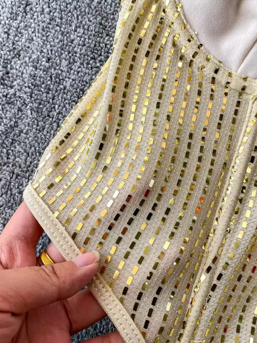 Foamlina – Corset tendance à paillettes et strass pour femmes, conçu européen, estampage à chaud, col licou, Slim Fit, Sexy, dos nu, gilet court