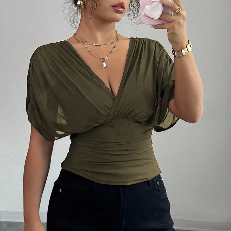 Elegant Slim Women's Shirt Summer Deep V Neck Short Sleeve Pleated Tee Office Lady Tops Fashion Women T-Shirts