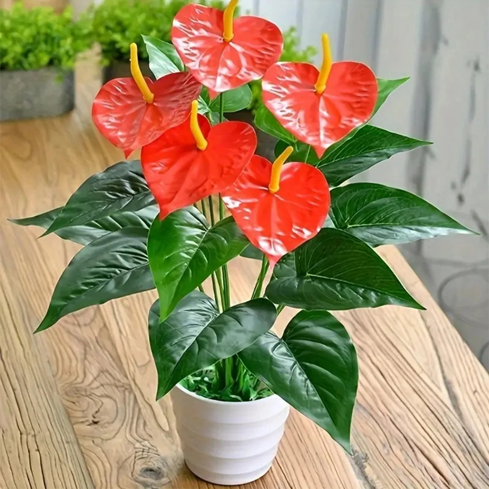 Anthurium artificiel à 18 têtes, 50cm, plante en plastique rouge vert pour jardin extérieur, porche, rebord de fenêtre, décoration de salle de maison, fausses plantes