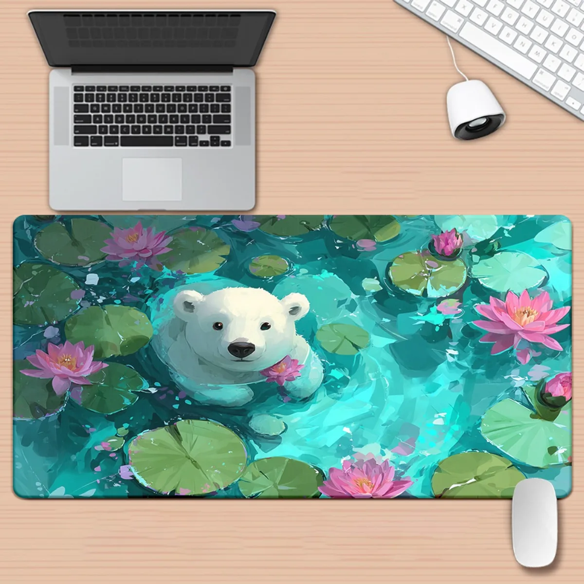

Cartoon polar bear and lotus swimming mouse pad, anti-slip rubber base, large expansion suitable for office and game Settings