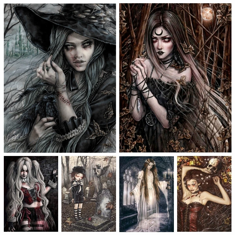 

Gothic Halloween Witch Woman AB Diamond Painting Cross Stitch Complete Kits Dark Vampire Girl Art Full Drills Mosaic Home Decor