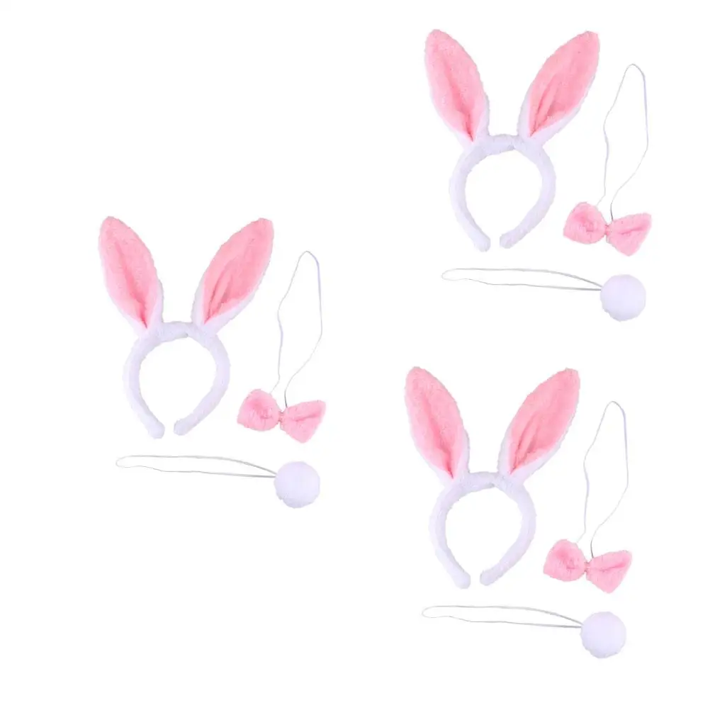 3 set Bunny Ears Headband Set With Tail Bowtie For Kids Party Cosplay Costume Masquerade Fashion Prop Hair Accessory Rabbit Ear