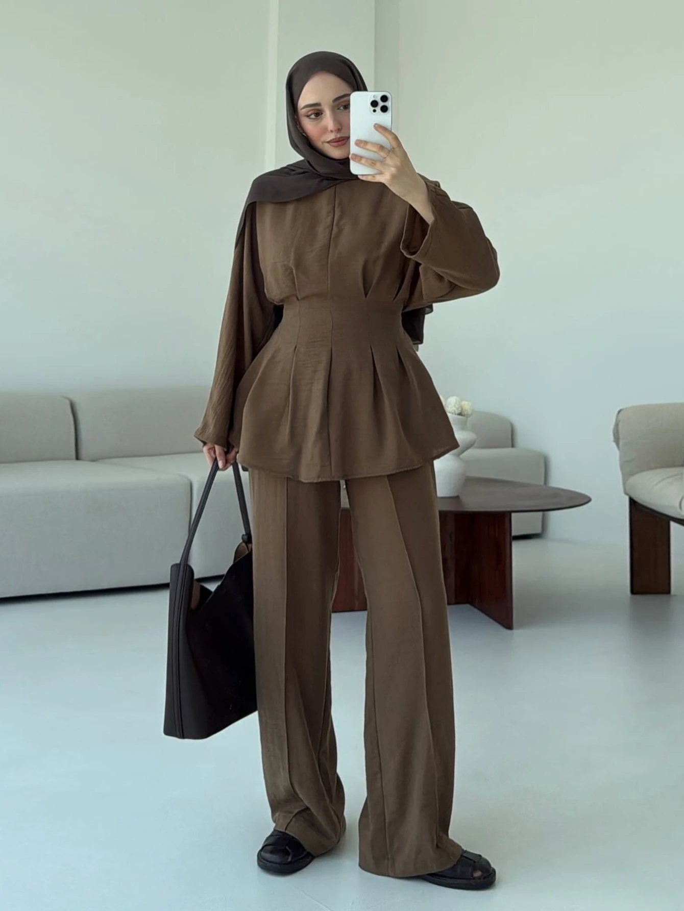 Eid Frauen 2-teiliges Set Schnürhemd Gerade Hose Muslimische Sets Ramadan Dubai Elegante Musulman Ensembles Arabische Lange Hose Marokko