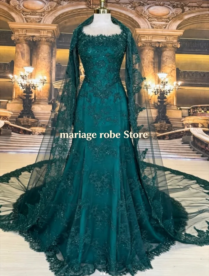 Jägergrünes französisches Spitzen-A-Linien-Nikkah-Hochzeitskleid, luxuriöses Brautkleid mit Applikationen und kurzen Ärmeln für Garten- und Kirchenernähen, individuell anpassbar