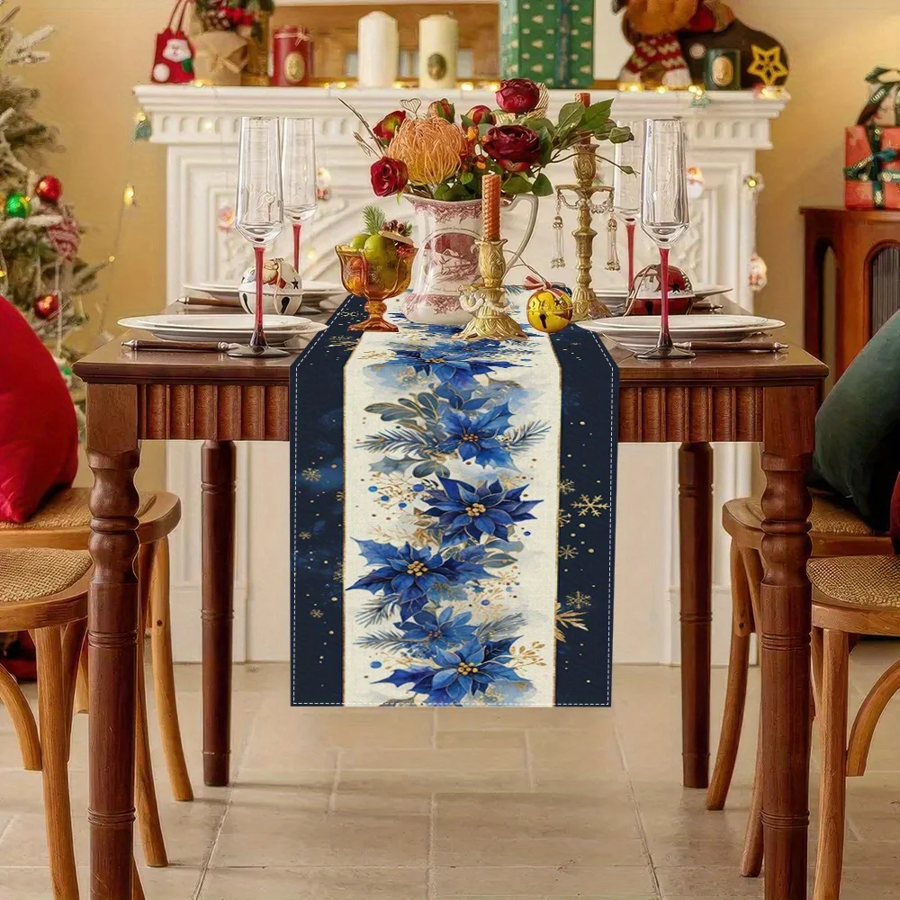 Christmas Poinsettia Navy Blue Linen Table Runner Party Decor Winter Xmas Kitchen Dining Table Runners Christmas Decorations