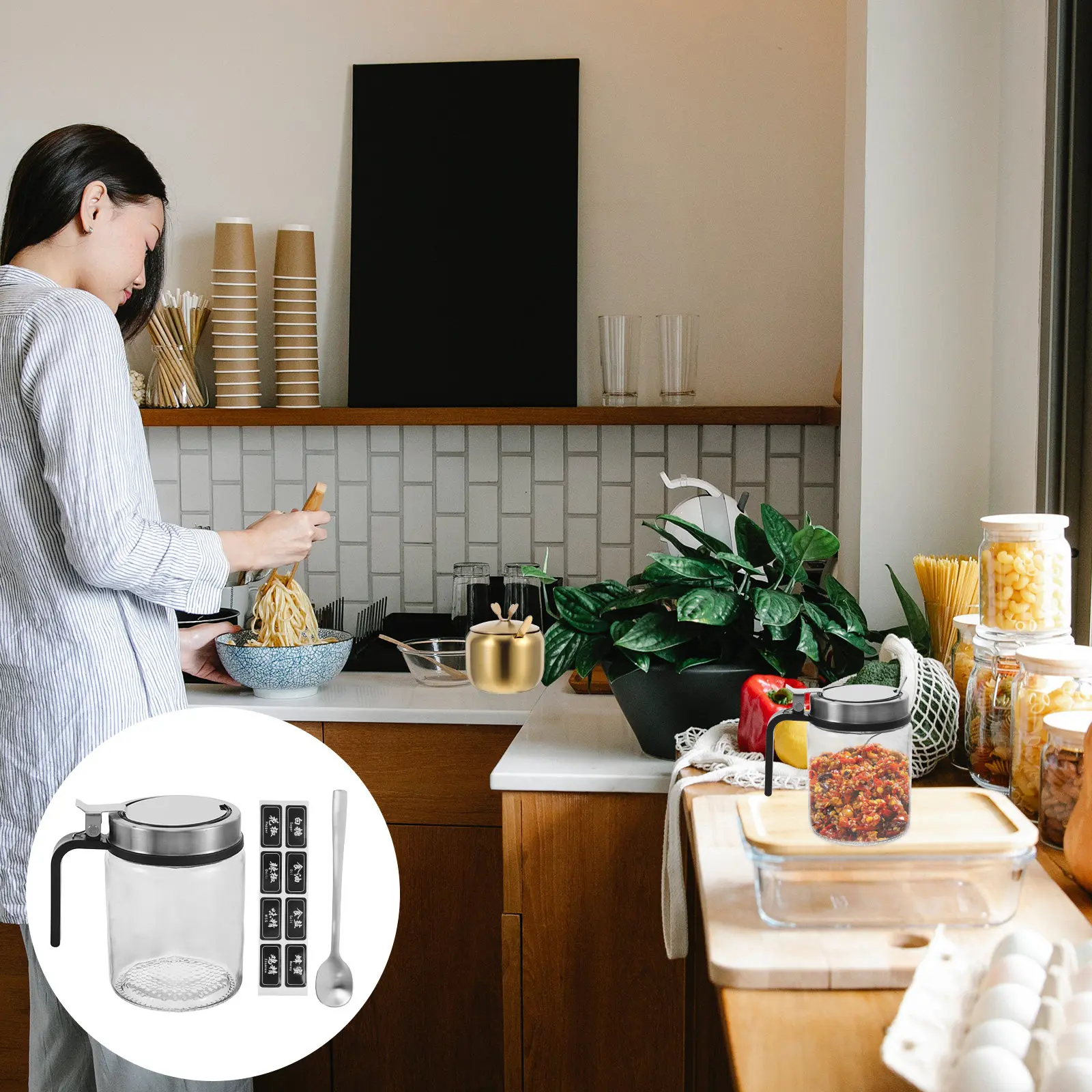 Juego de 2 Botellas Portátiles para Especias y Condimentos, Recipientes de Vidrio con Tapa de Acero Inoxidable y Cuchara, para Almacenar Salsas y Miel en la Cocina o Barbacoa