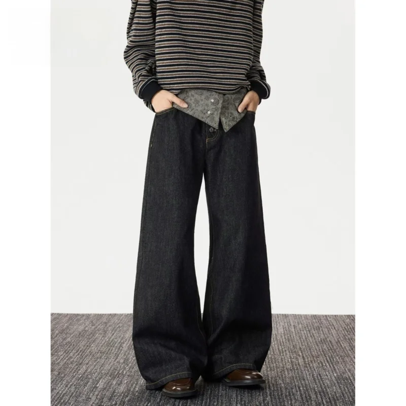 

Джинсы женские с высокой талией, оверсайз, стройнящие, синие, с бахромой, свободного кроя, прямые, для фигуры типа «груша»