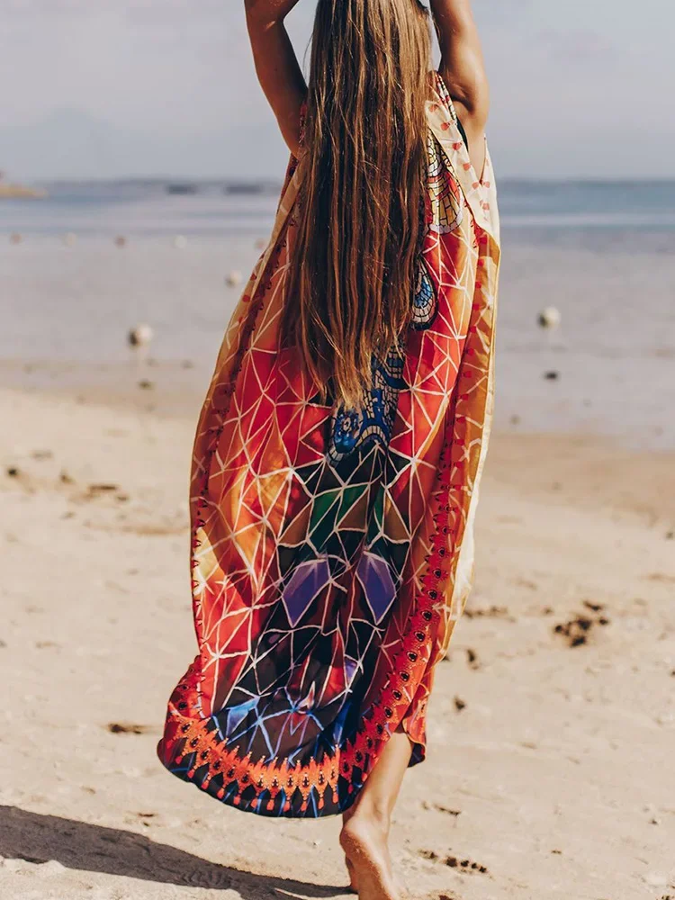 2025 Nieuwe Strand Cover-Ups Vrouwen Gewaad V-hals Lace Up Chic Gedrukt Strand Lange Jurk Plus Size Zomer Chic Mode badpak Cover Up